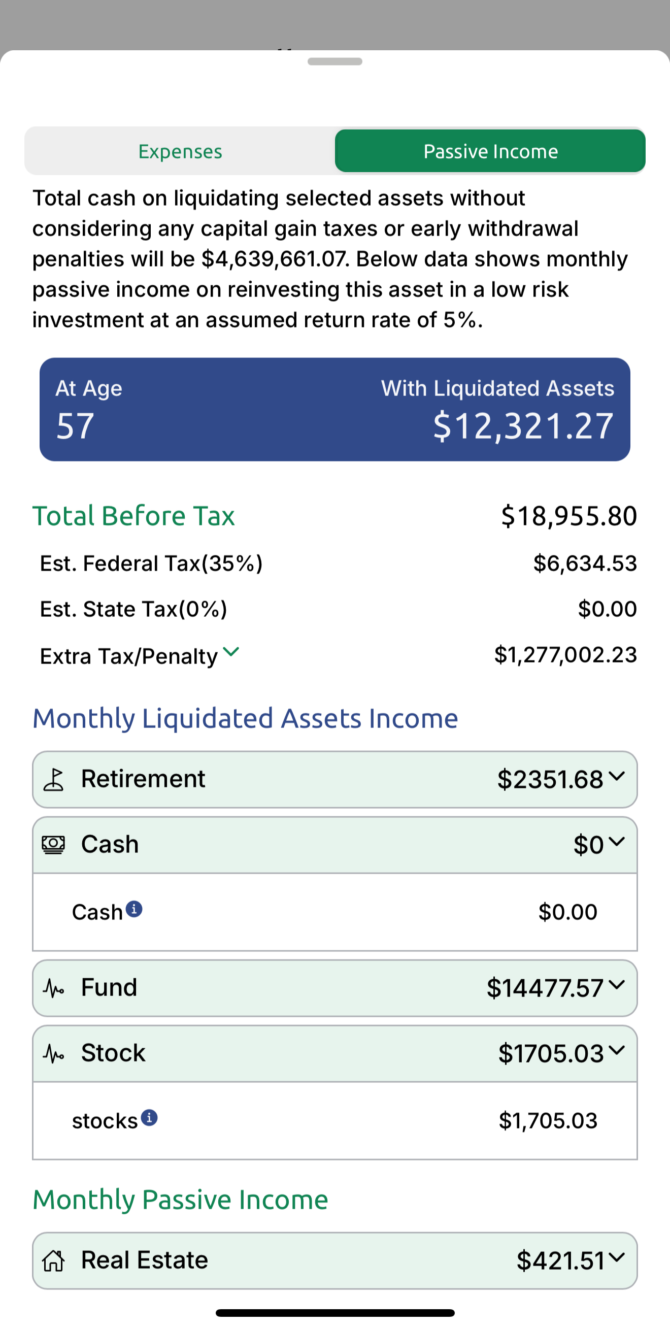 A financial app screenshot displaying projected income and tax details for a 57-year-old, including total income, liquidated assets, and monthly passive income from various sources.