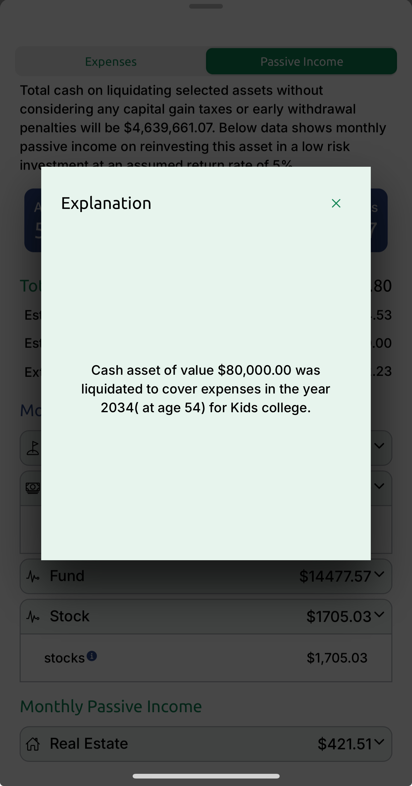 A mobile app screen displaying an explanation of liquidating assets for covering future educational expenses, highlighting an $80,000 cash liquidation for a child's college fund.