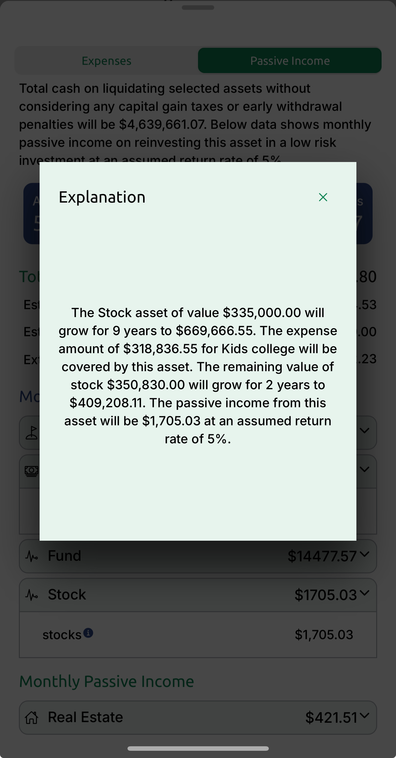 Explanation modal detailing asset growth and expense coverage for kids' education in financial planning app.
