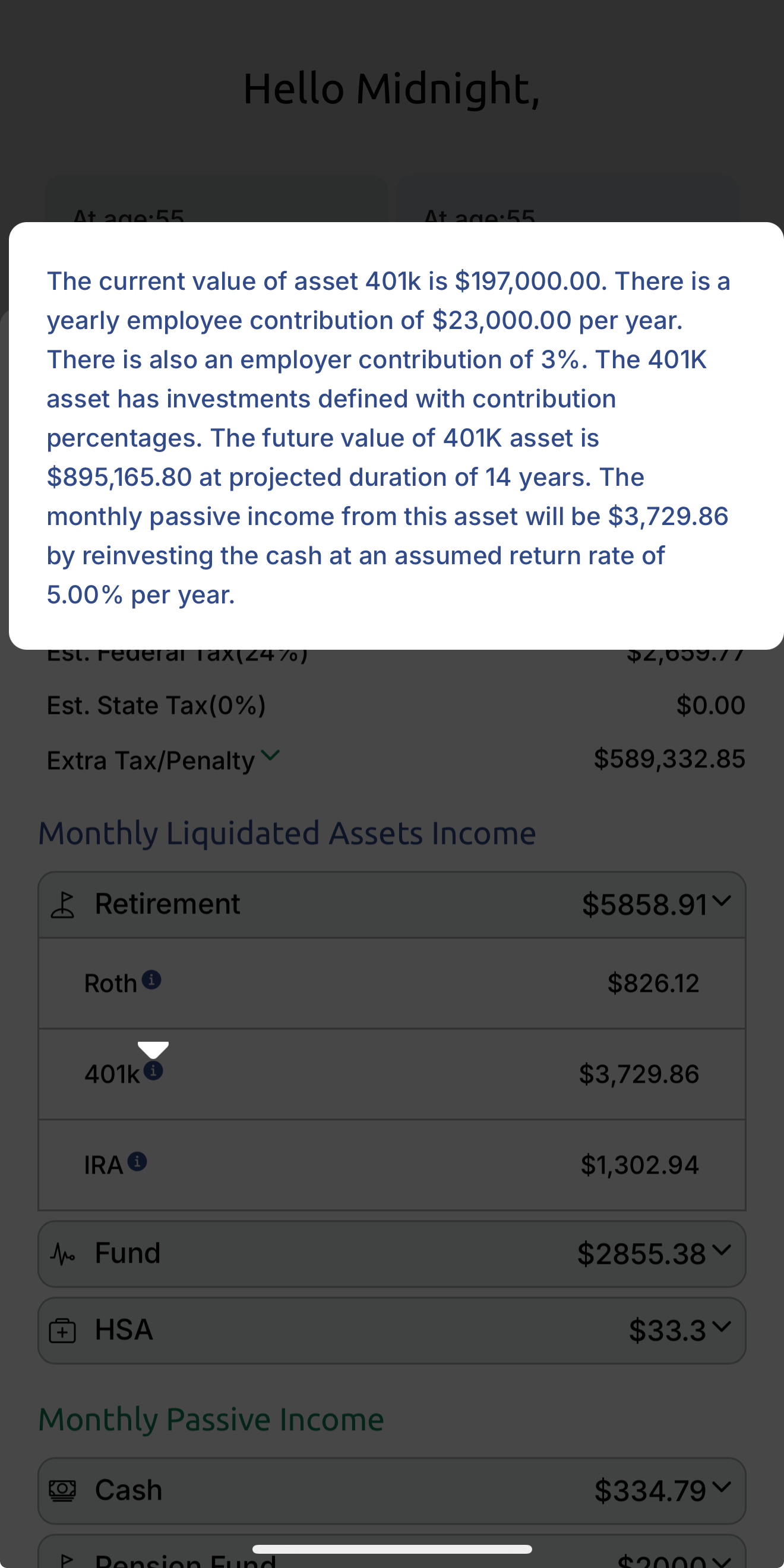 Screenshot showing a financial analysis dashboard with projected retirement income and expenses at various ages.