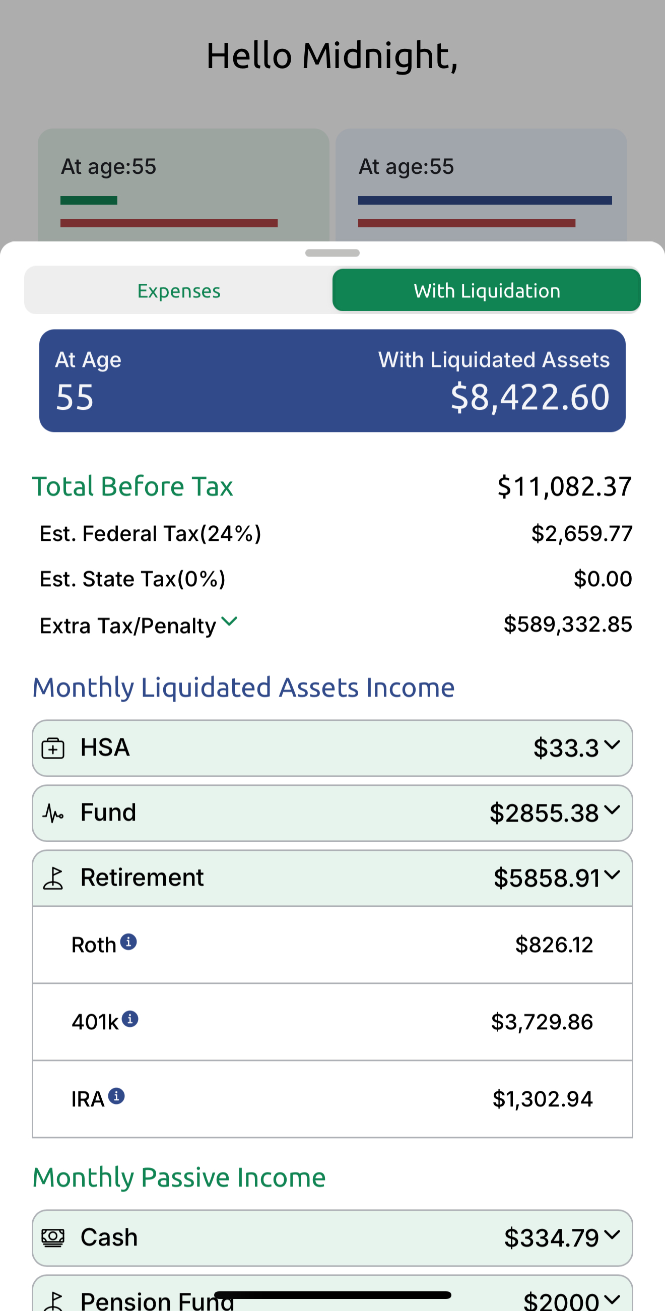 A financial analysis screen showing various elements of an individual's retirement savings portfolio, including amounts in 401k, Roth IRA, and other accounts, alongside projected monthly income from these assets.