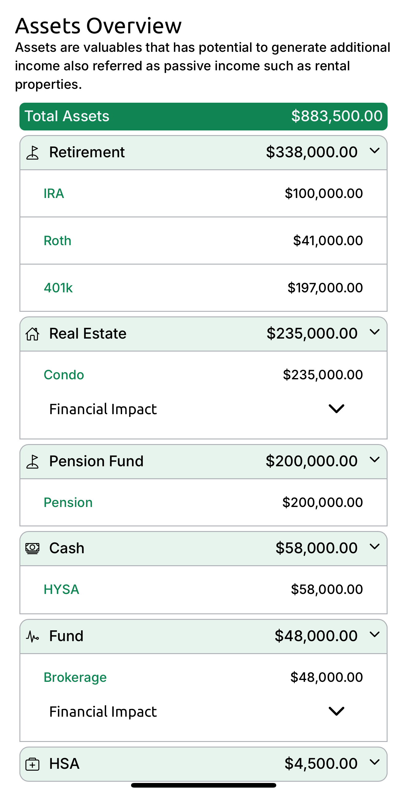 Screenshot of an assets overview detailing total assets of $883,500, including retirement accounts, real estate value, pension fund, cash, and HSA.