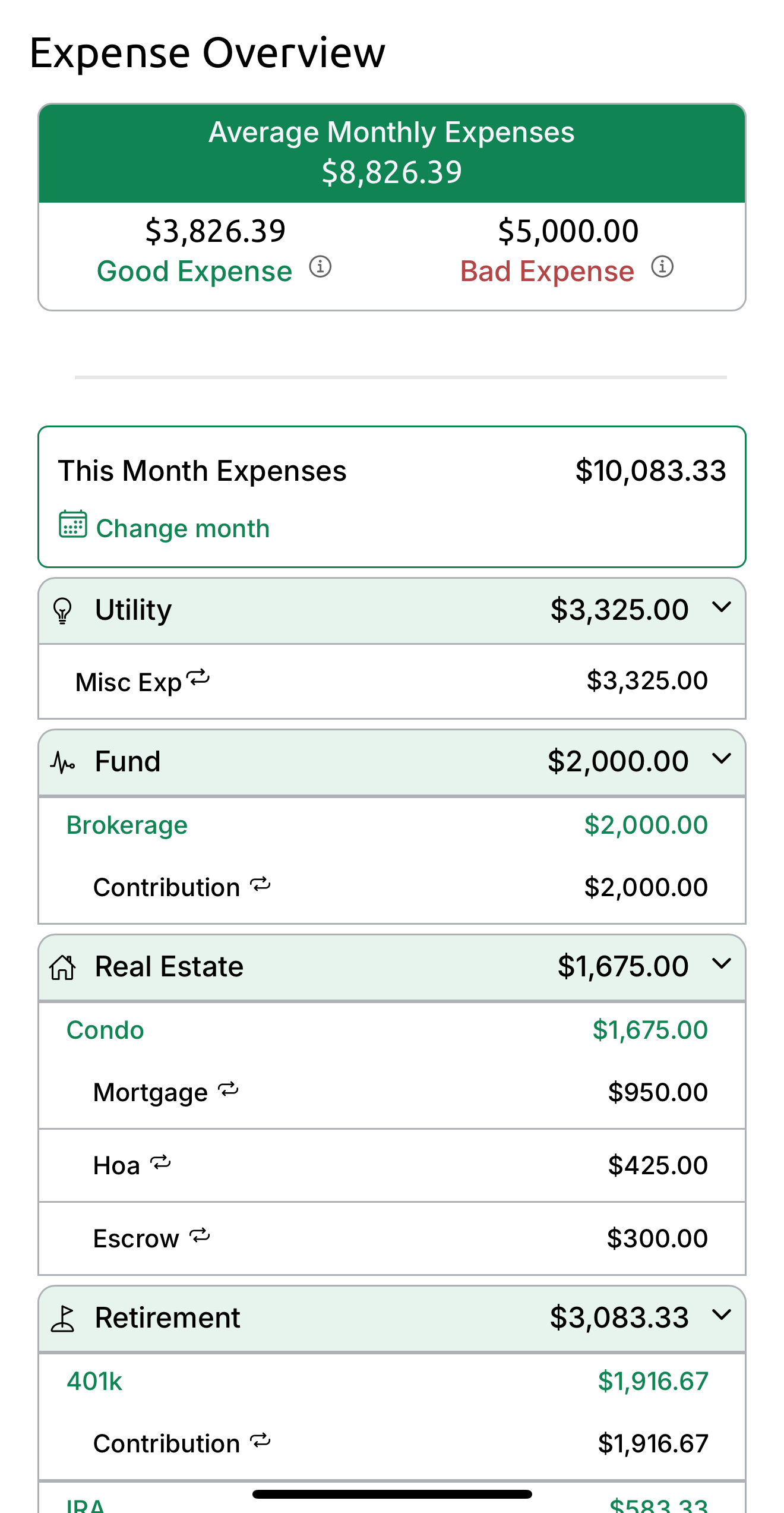Detailed overview of monthly expenses, including utility, fund contributions, real estate costs, and retirement allocations.