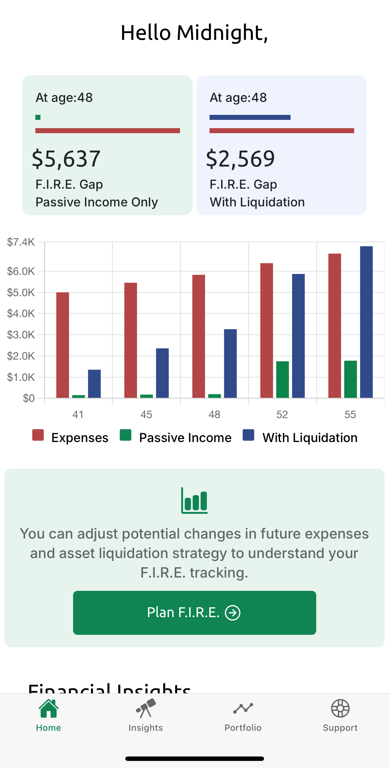 Graph indicating F.I.R.E. gap at age 48 for passive income and with asset liquidation, including projected expenses, passive income, and liquidation strategies.