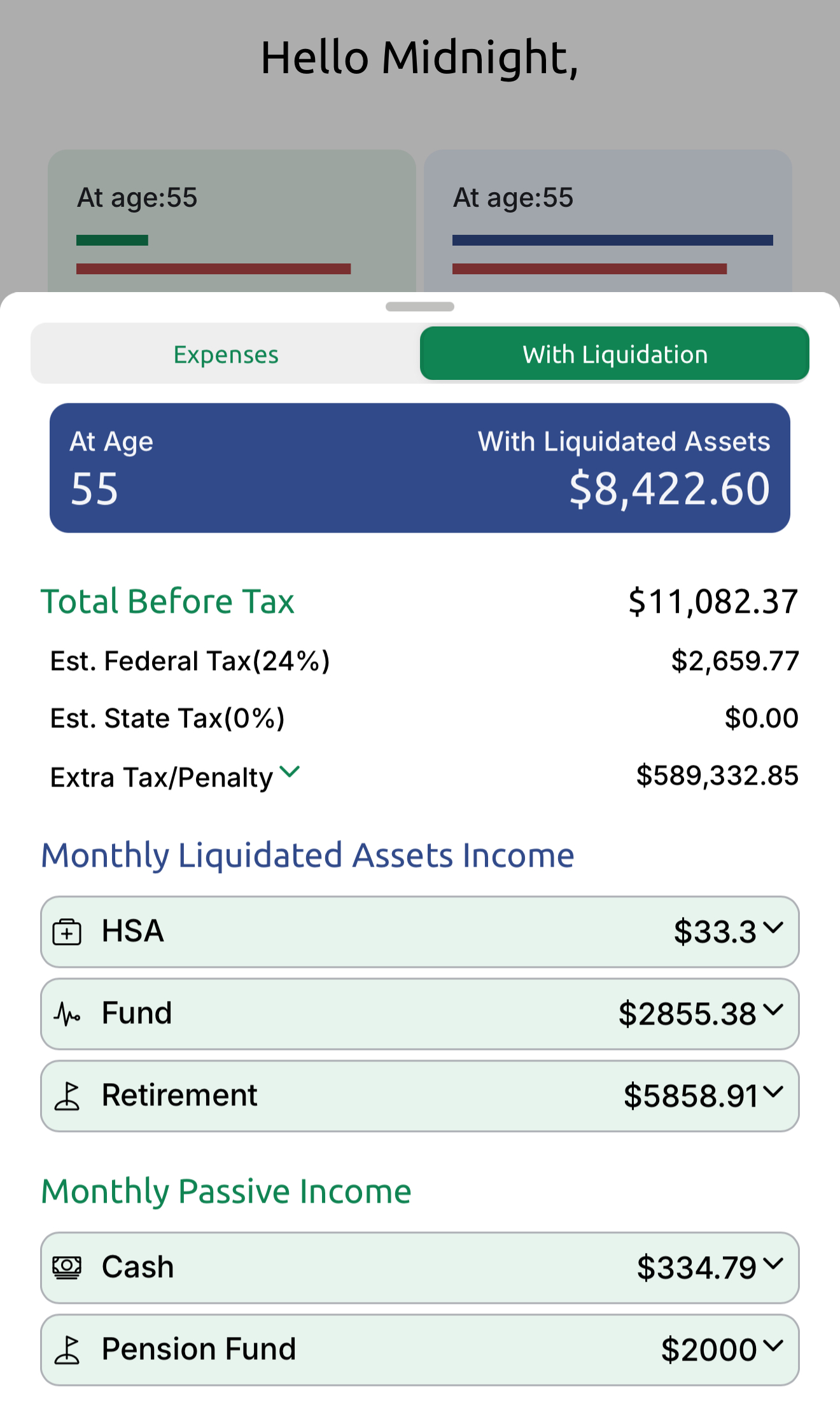 A financial analysis screen showing projected monthly income with and without asset liquidation at age 55, detailing estimated taxes and various income sources.